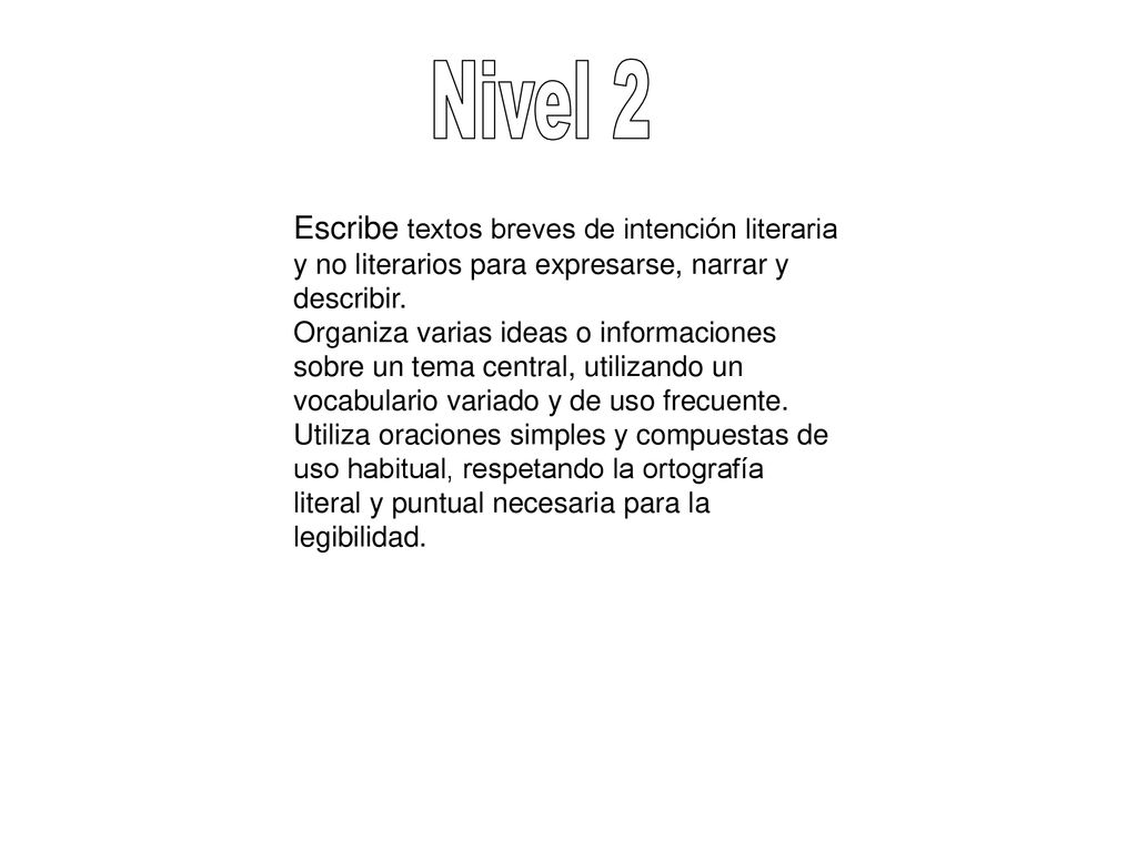 Nivel 2 Escribe textos breves de intención literaria y no literarios para expresarse, narrar y describir.