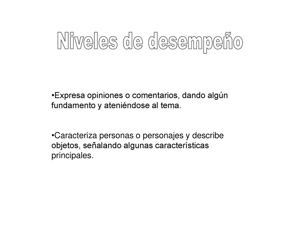 Niveles de desempeño Expresa opiniones o comentarios, dando algún fundamento y ateniéndose al tema.