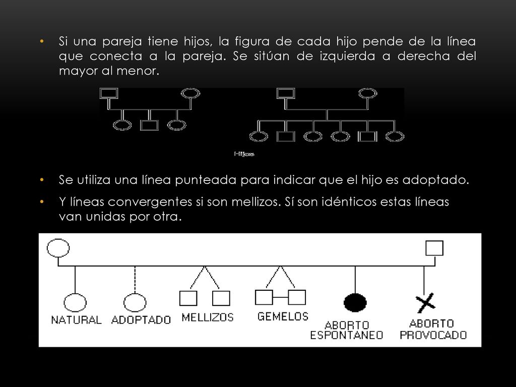 Si una pareja tiene hijos, la figura de cada hijo pende de la línea que conecta a la pareja. Se sitúan de izquierda a derecha del mayor al menor.