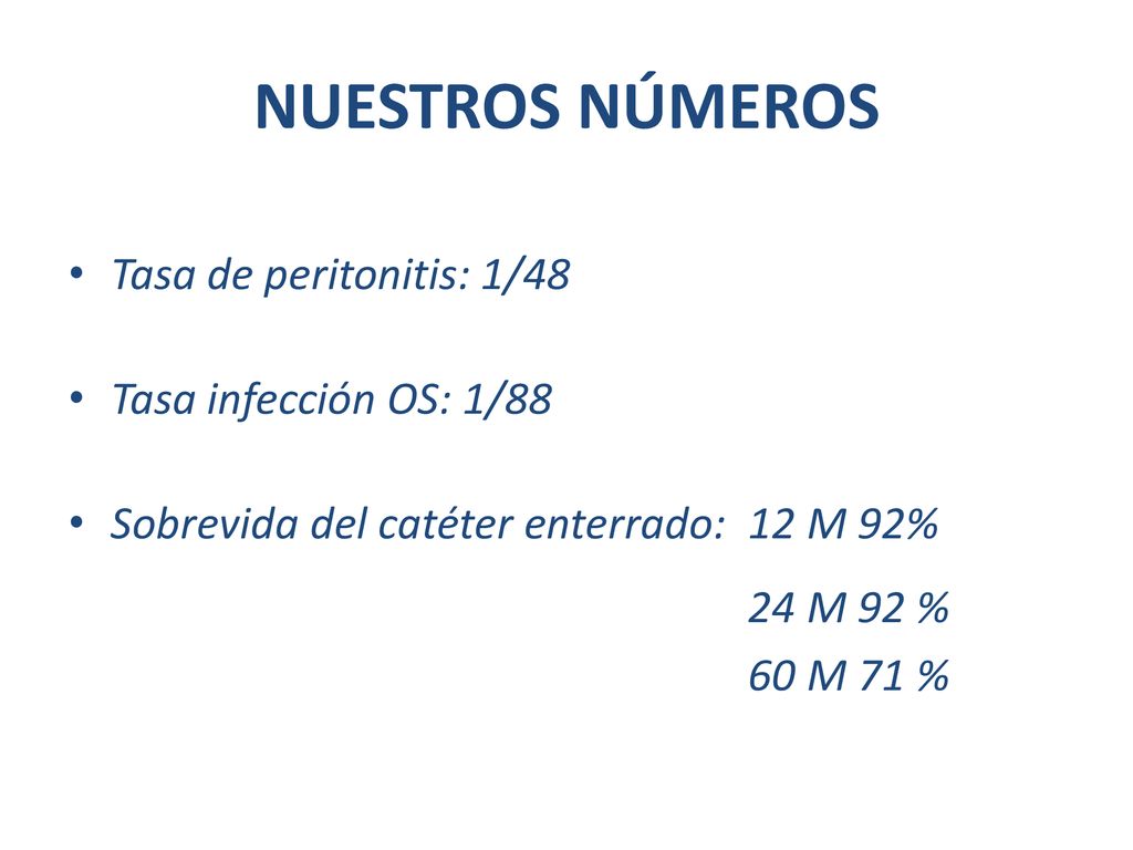 NUESTROS NÚMEROS Tasa de peritonitis: 1/48 Tasa infección OS: 1/88