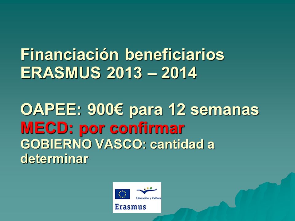 Financiación beneficiarios ERASMUS 2013 – 2014 OAPEE: 900€ para 12 semanas MECD: por confirmar GOBIERNO VASCO: cantidad a determinar