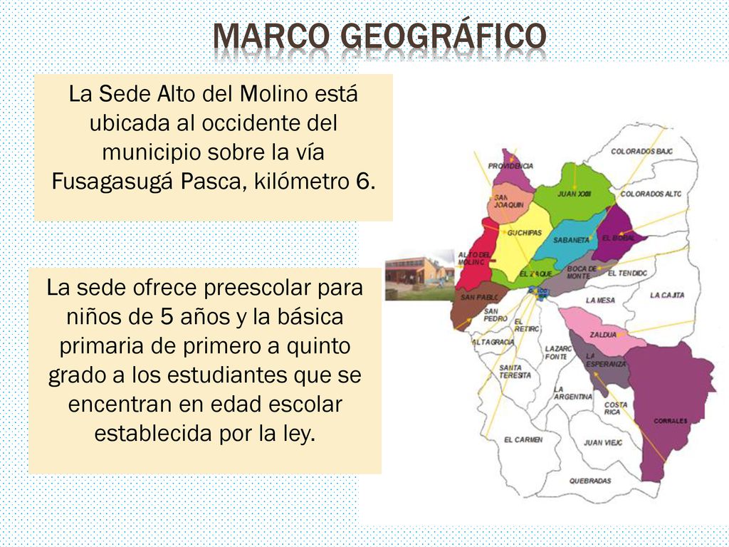 Marco geográfico La Sede Alto del Molino está ubicada al occidente del municipio sobre la vía Fusagasugá Pasca, kilómetro 6.