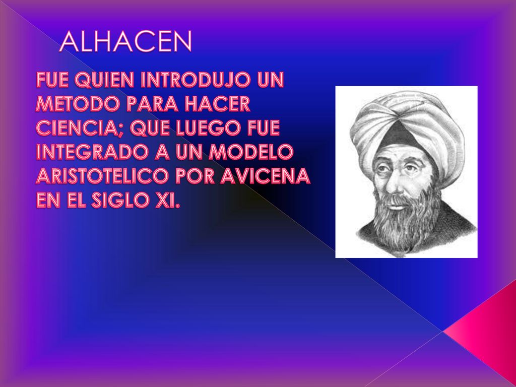 ALHACEN FUE QUIEN INTRODUJO UN METODO PARA HACER CIENCIA; QUE LUEGO FUE INTEGRADO A UN MODELO ARISTOTELICO POR AVICENA EN EL SIGLO XI.