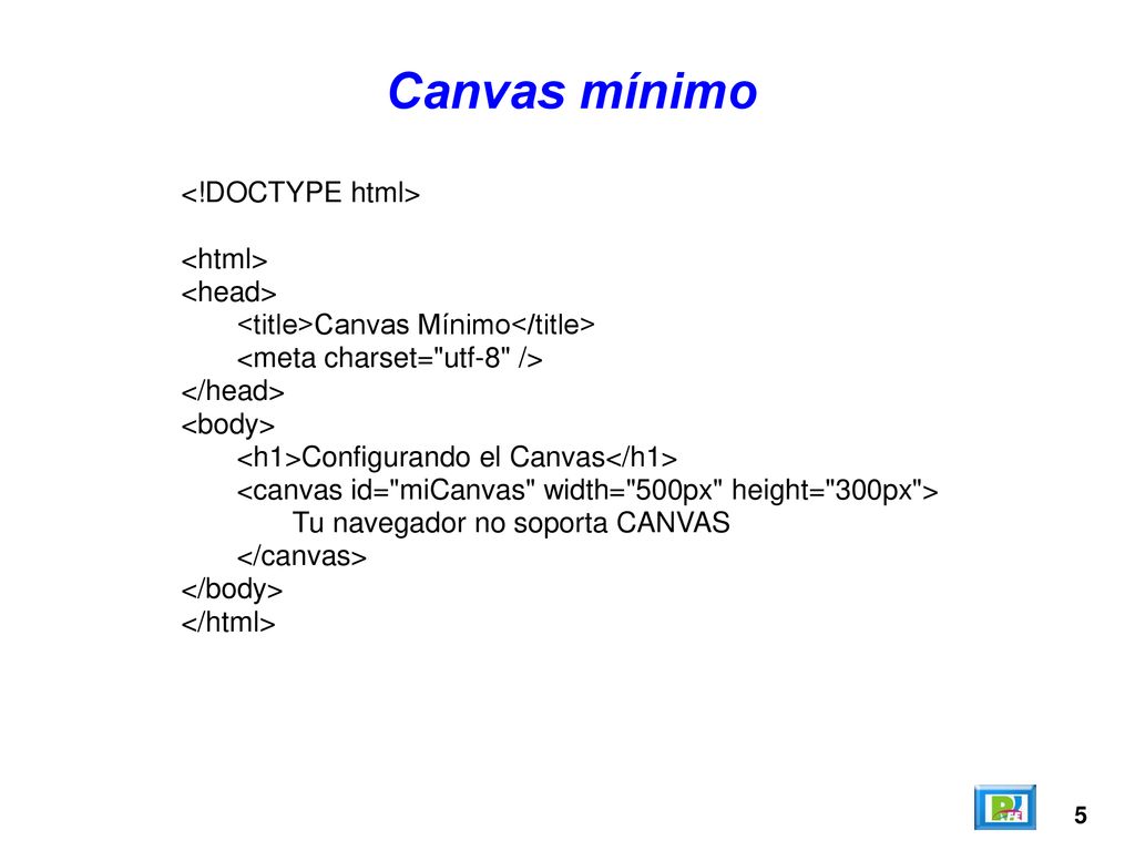 Canvas mínimo <!DOCTYPE html> <html> <head>