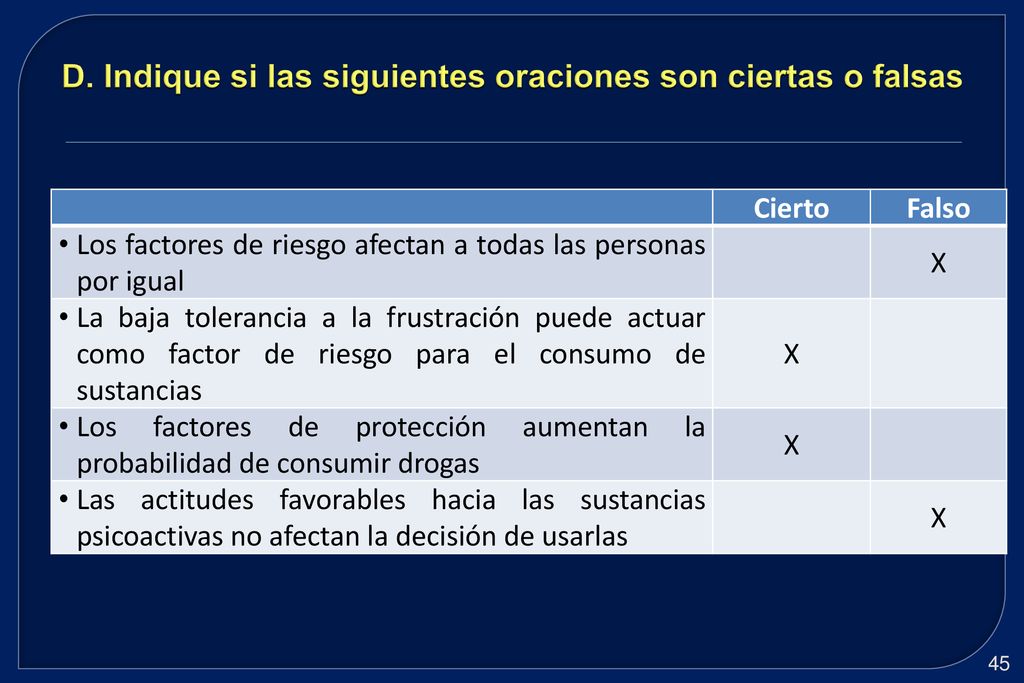 D. Indique si las siguientes oraciones son ciertas o falsas
