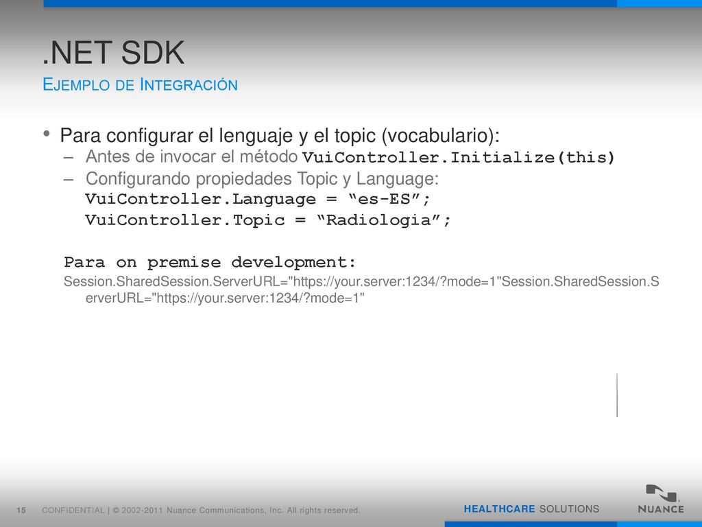 .NET SDK Para configurar el lenguaje y el topic (vocabulario):