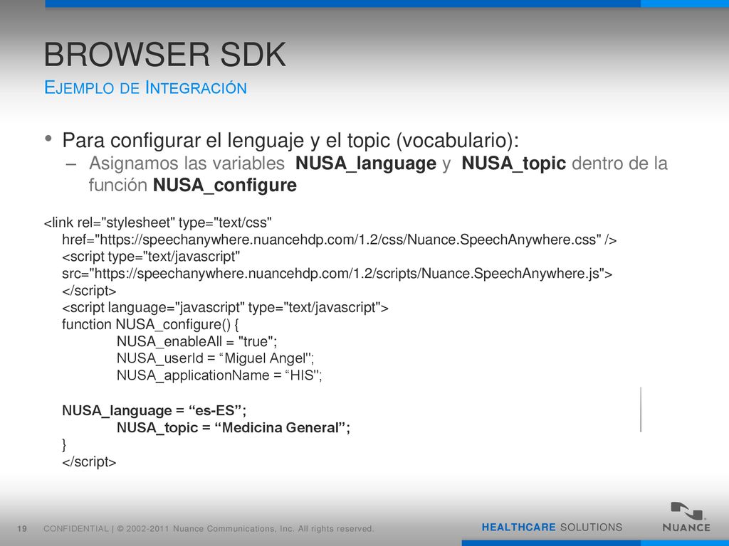 BROWSER SDK Para configurar el lenguaje y el topic (vocabulario):