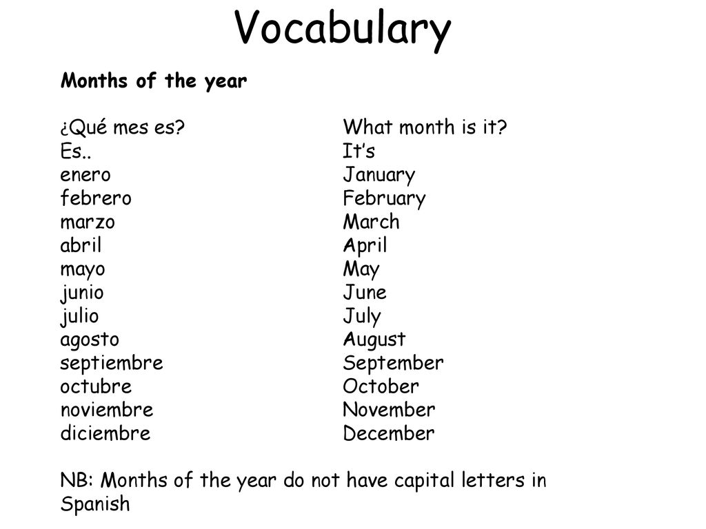 Vocabulary Months of the year ¿Qué mes es What month is it Es.. It’s