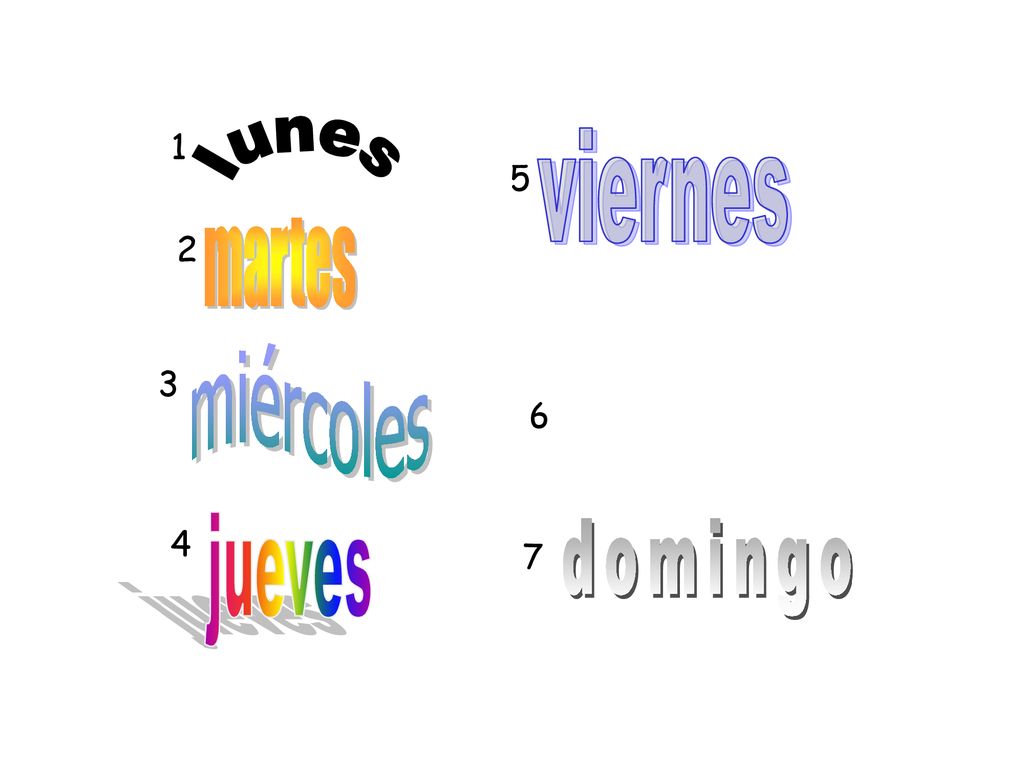 1 viernes lunes 5 martes 2 miércoles jueves domingo 7
