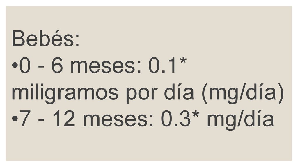 Bebés: meses: 0.1* miligramos por día (mg/día) meses: 0.3* mg/día