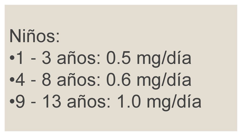 Niños: años: 0.5 mg/día años: 0.6 mg/día años: 1.0 mg/día