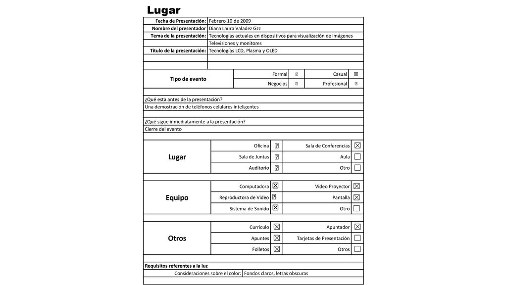 Lugar Lugar Equipo Otros Tipo de evento Fecha de Presentación: