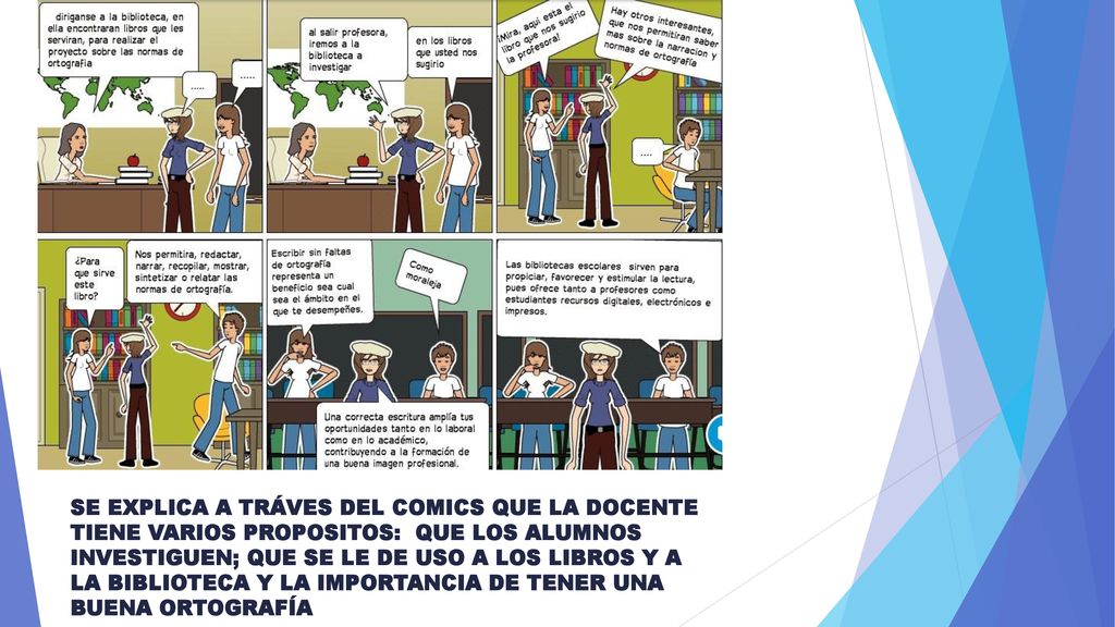 SE EXPLICA A TRÁVES DEL COMICS QUE LA DOCENTE TIENE VARIOS PROPOSITOS: QUE LOS ALUMNOS INVESTIGUEN; QUE SE LE DE USO A LOS LIBROS Y A LA BIBLIOTECA Y LA IMPORTANCIA DE TENER UNA BUENA ORTOGRAFÍA