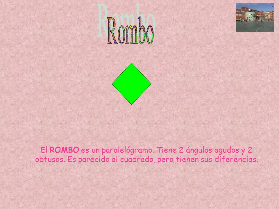 Rombo El ROMBO es un paralelógramo. Tiene 2 ángulos agudos y 2 obtusos.