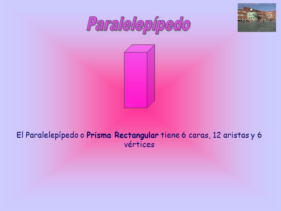 Paralelepípedo El Paralelepípedo o Prisma Rectangular tiene 6 caras, 12 aristas y 6 vértices