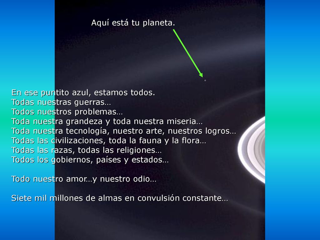 Aquí está tu planeta. En ese puntito azul, estamos todos. Todas nuestras guerras… Todos nuestros problemas…
