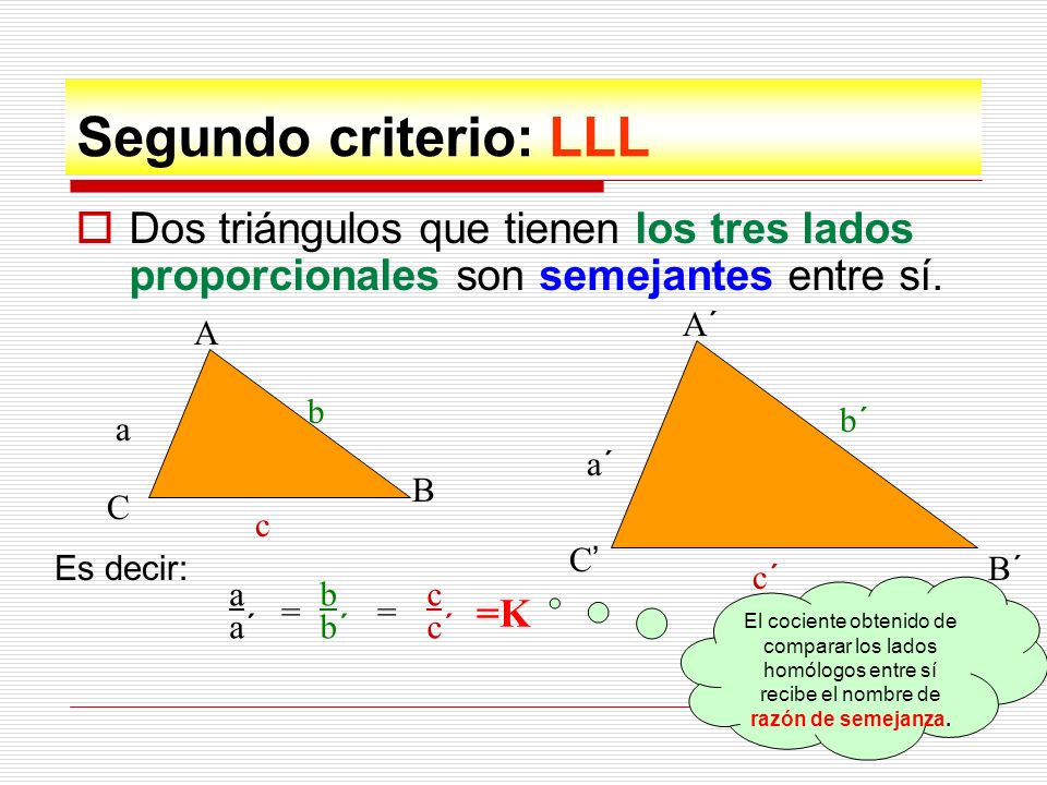 Segundo criterio: LLL Dos triángulos que tienen los tres lados proporcionales son semejantes entre sí.