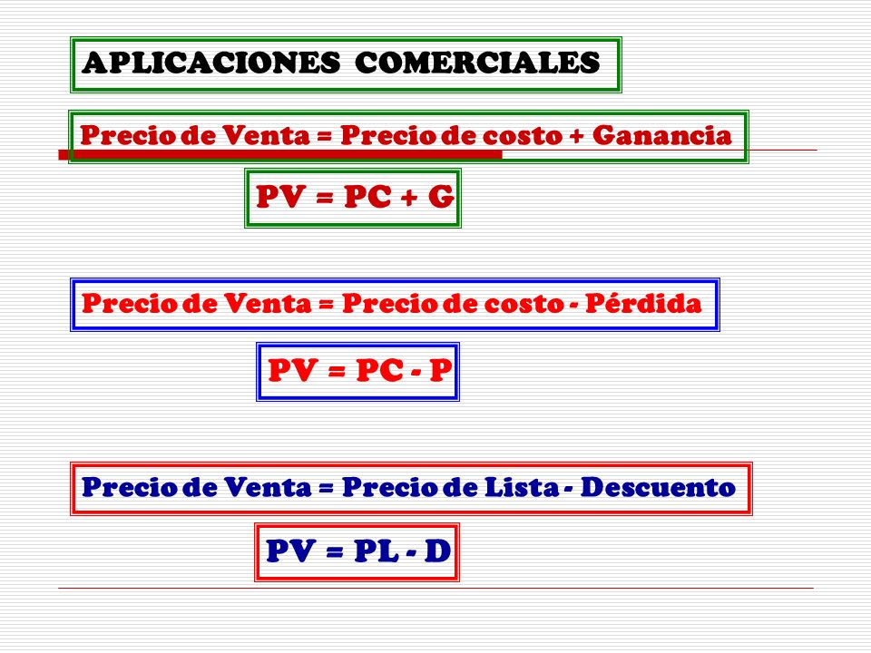 PV = PC + G PV = PC - P PV = PL - D APLICACIONES COMERCIALES