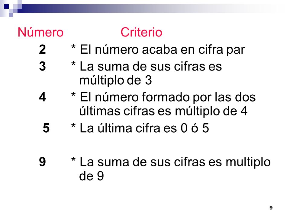 Número Criterio 2 * El número acaba en cifra par. 3 * La suma de sus cifras es múltiplo de 3.