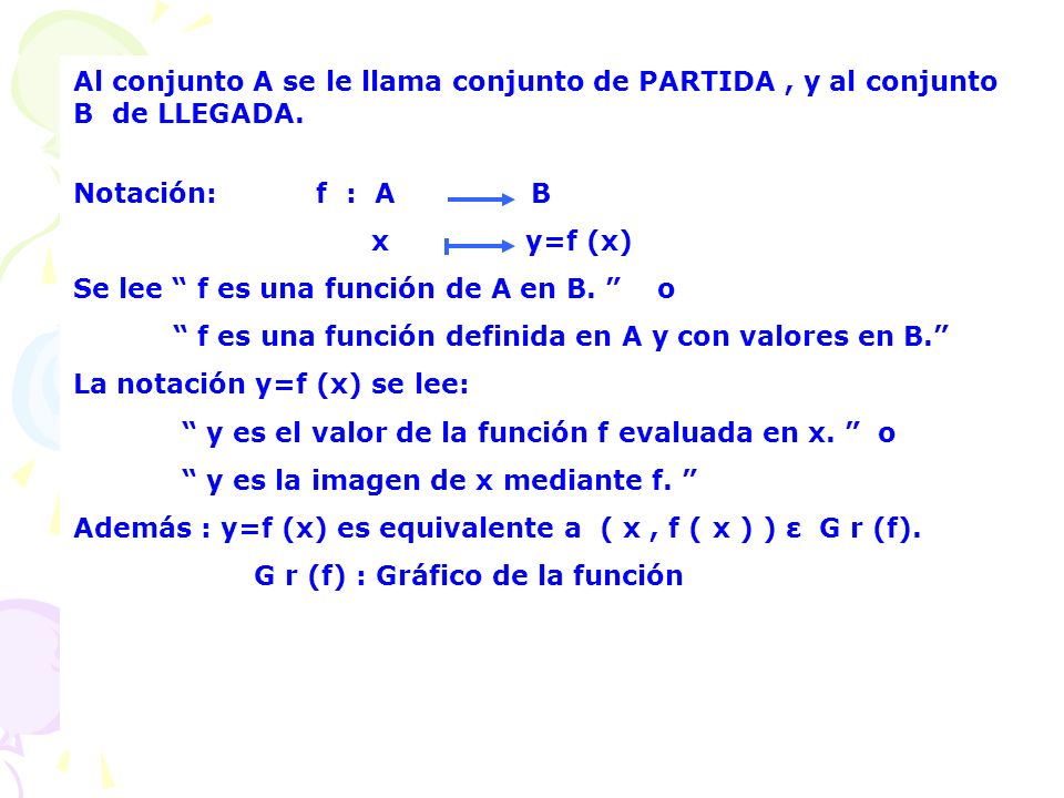 Al conjunto A se le llama conjunto de PARTIDA , y al conjunto B de LLEGADA.