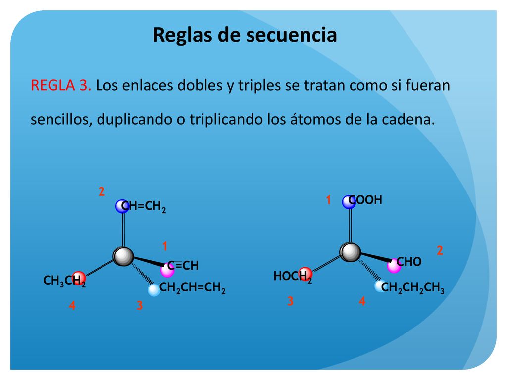 Reglas de secuencia REGLA 3. Los enlaces dobles y triples se tratan como si fueran sencillos, duplicando o triplicando los átomos de la cadena.