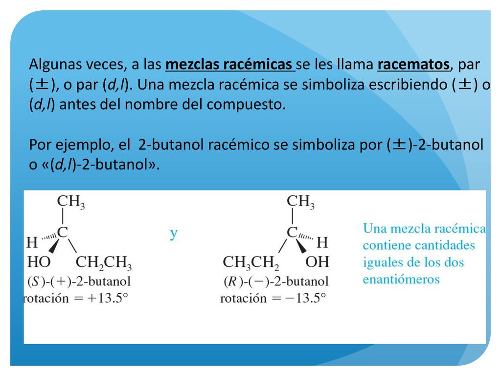 Algunas veces, a las mezclas racémicas se les llama racematos, par (±), o par (d,l). Una mezcla racémica se simboliza escribiendo (±) o (d,l) antes del nombre del compuesto.
