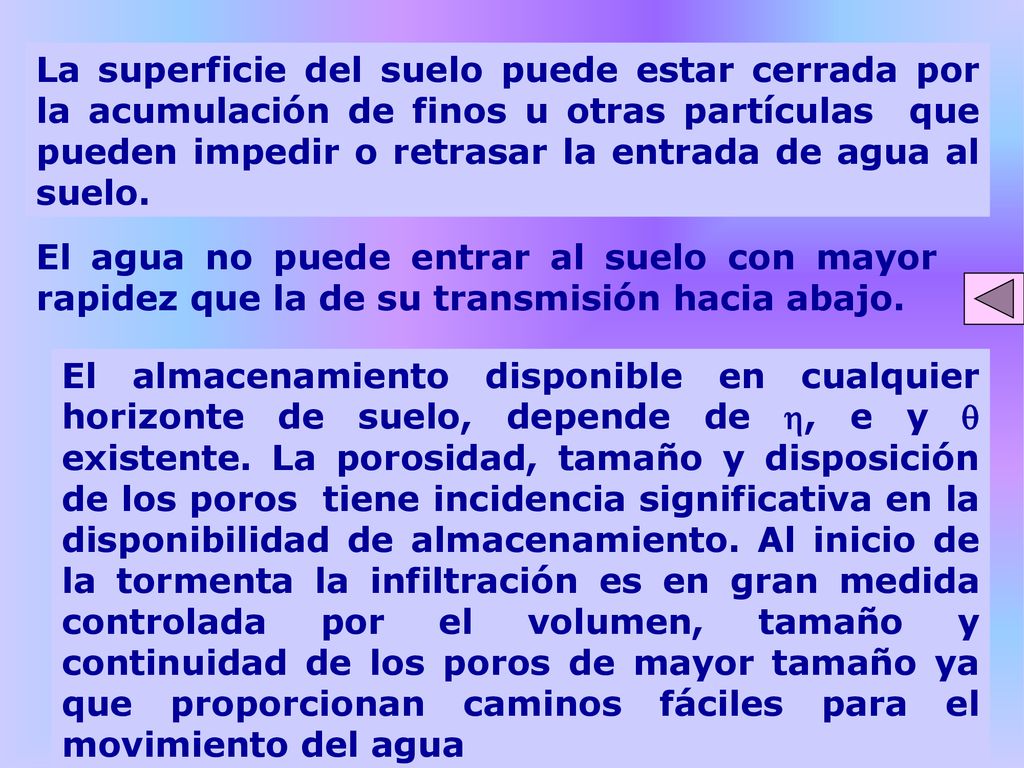 La superficie del suelo puede estar cerrada por la acumulación de finos u otras partículas que pueden impedir o retrasar la entrada de agua al suelo.