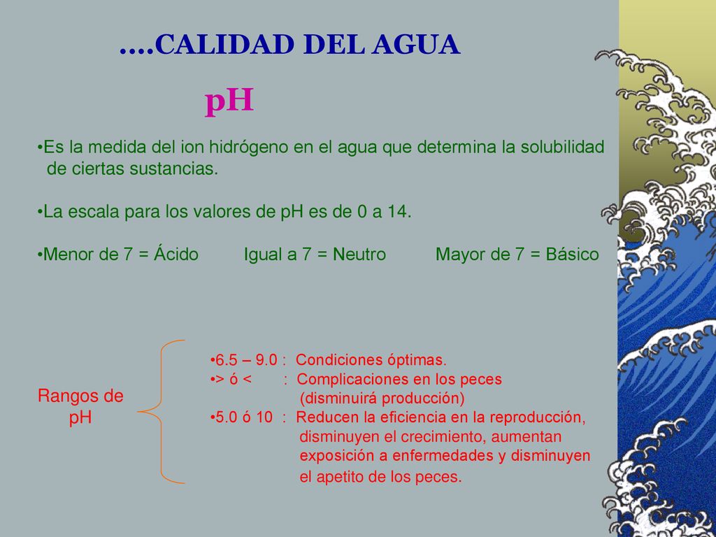 ....CALIDAD DEL AGUA pH. Es la medida del ion hidrógeno en el agua que determina la solubilidad. de ciertas sustancias.