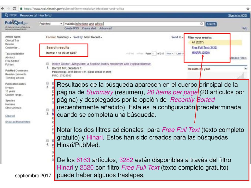 Resultados de la búsqueda aparecen en el cuerpo principal de la página de Summary (resumen), 20 Items per page (20 artículos por página) y desplegados por la opción de Recently Sorted (recientemente añadido). Esta es la configuración predeterminada cuando se completa una búsqueda.