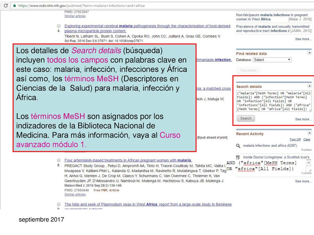 Los detalles de Search details (búsqueda) incluyen todos los campos con palabras clave en este caso: malaria, infección, infecciones y África así como, los términos MeSH (Descriptores en Ciencias de la Salud) para malaria, infección y África.