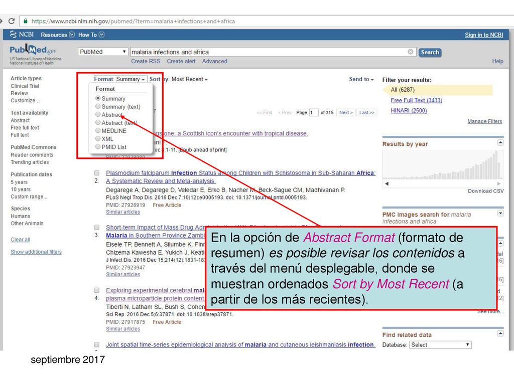 En la opción de Abstract Format (formato de resumen) es posible revisar los contenidos a través del menú desplegable, donde se muestran ordenados Sort by Most Recent (a partir de los más recientes).