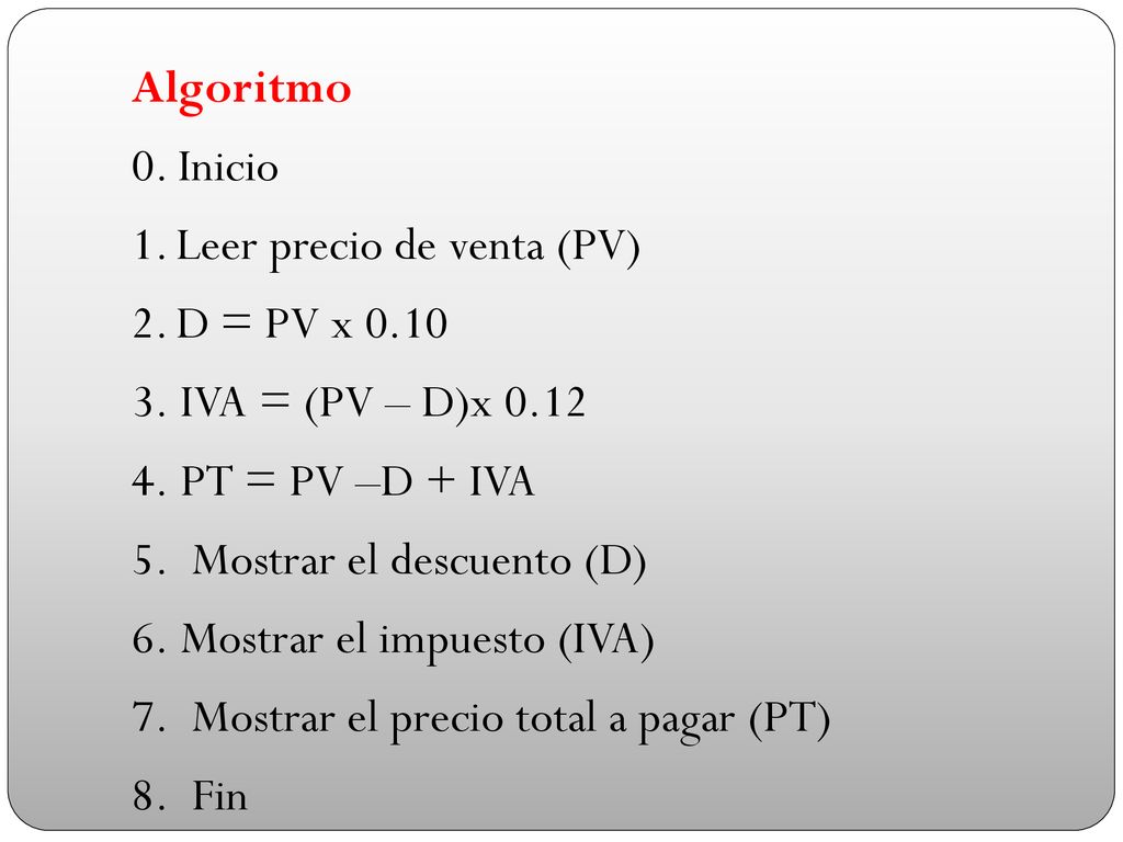 Algoritmo 0. Inicio. Leer precio de venta (PV) D = PV x IVA = (PV – D)x PT = PV –D + IVA.