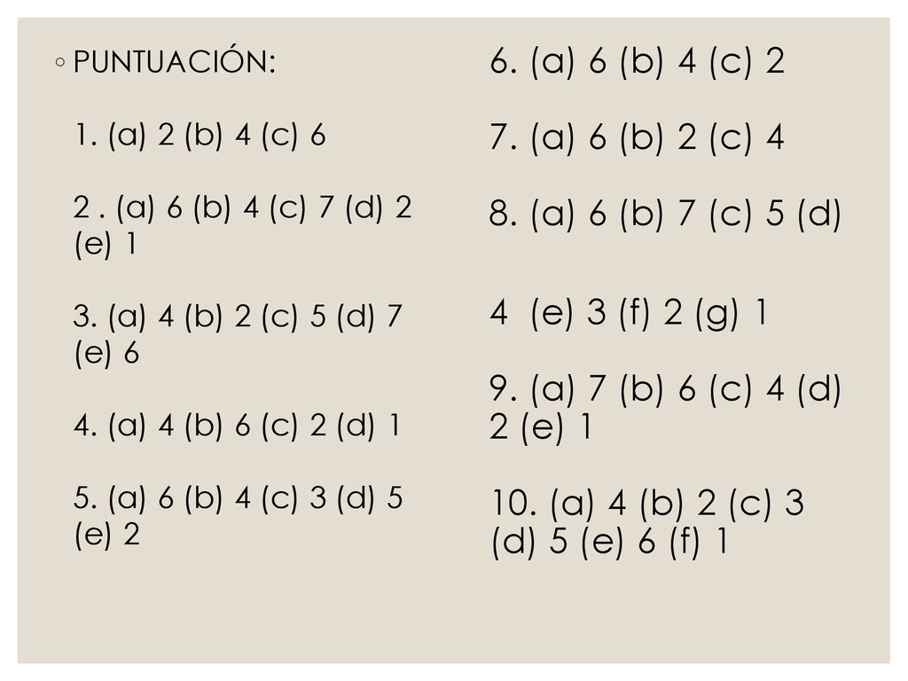 PUNTUACIÓN: 1. (a) 2 (b) 4 (c) 6 2. (a) 6 (b) 4 (c) 7 (d) 2 (e) 1 3