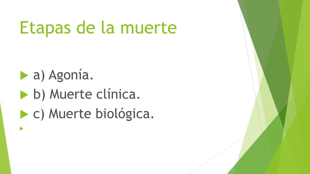 Etapas de la muerte a) Agonía. b) Muerte clínica. c) Muerte biológica.