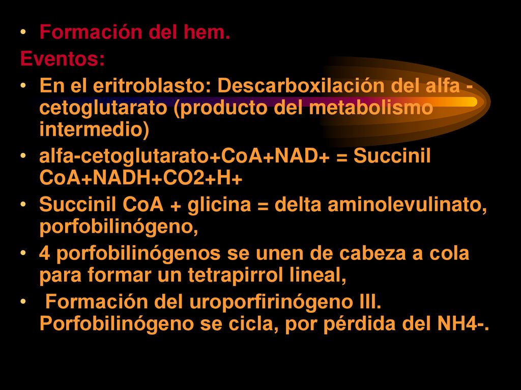 Formación del hem. Eventos: En el eritroblasto: Descarboxilación del alfa -cetoglutarato (producto del metabolismo intermedio)