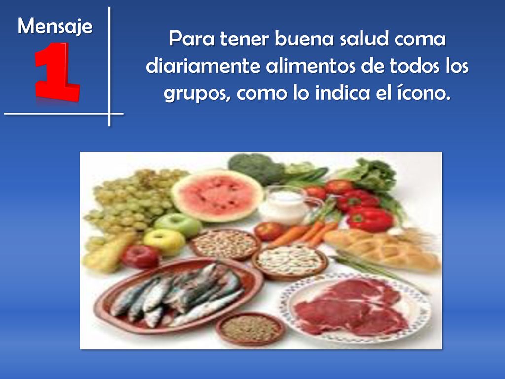 Mensaje Para tener buena salud coma diariamente alimentos de todos los grupos, como lo indica el ícono.