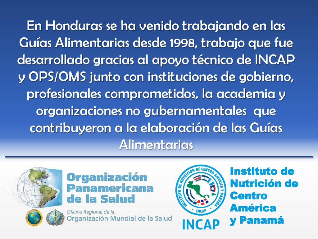 En Honduras se ha venido trabajando en las Guías Alimentarias desde 1998, trabajo que fue desarrollado gracias al apoyo técnico de INCAP y OPS/OMS junto con instituciones de gobierno, profesionales comprometidos, la academia y organizaciones no gubernamentales que contribuyeron a la elaboración de las Guías Alimentarias