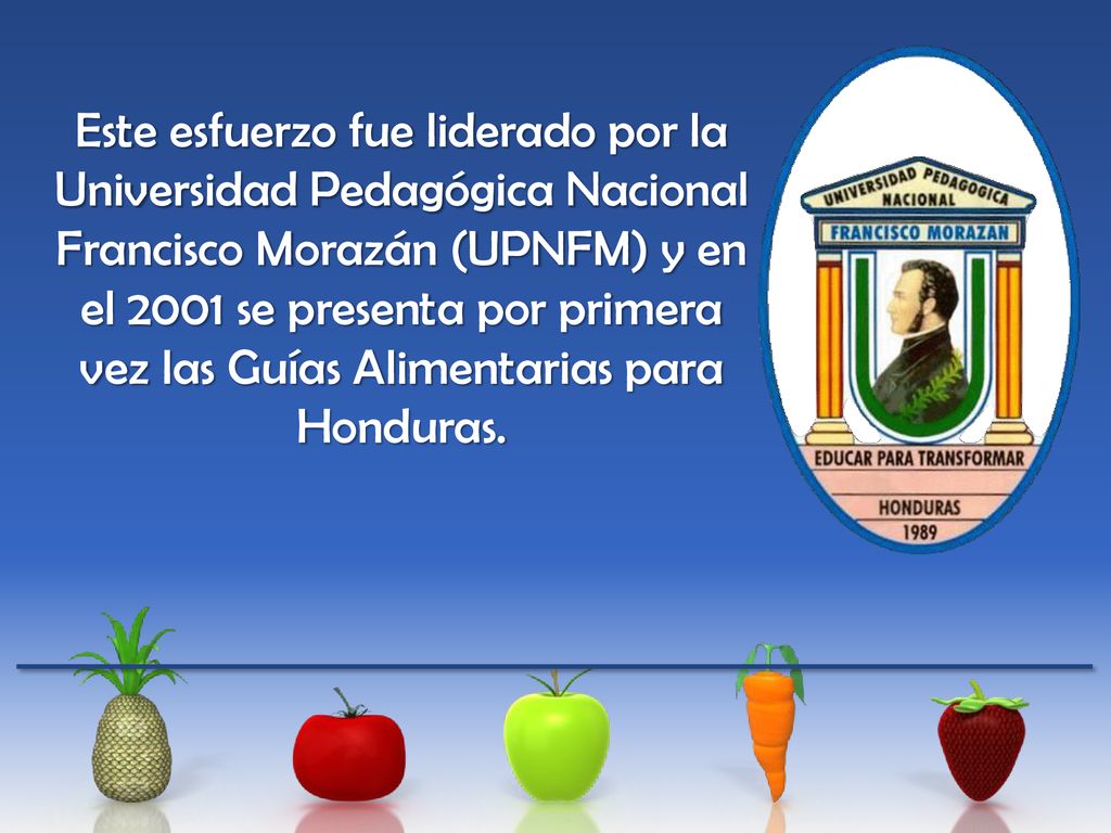 Este esfuerzo fue liderado por la Universidad Pedagógica Nacional Francisco Morazán (UPNFM) y en el 2001 se presenta por primera vez las Guías Alimentarias para Honduras.
