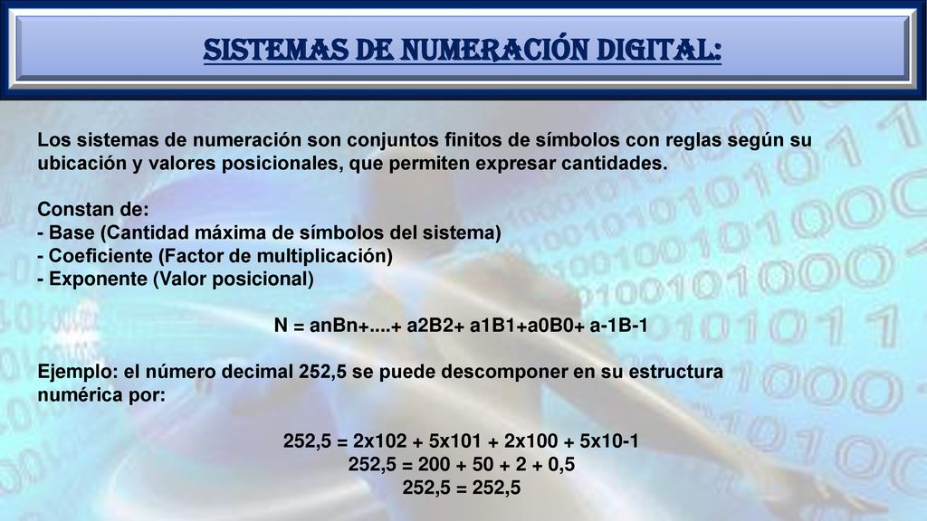 SISTEMAS DE NUMERACIÓN DIGITAL: N = anBn a2B2+ a1B1+a0B0+ a-1B-1