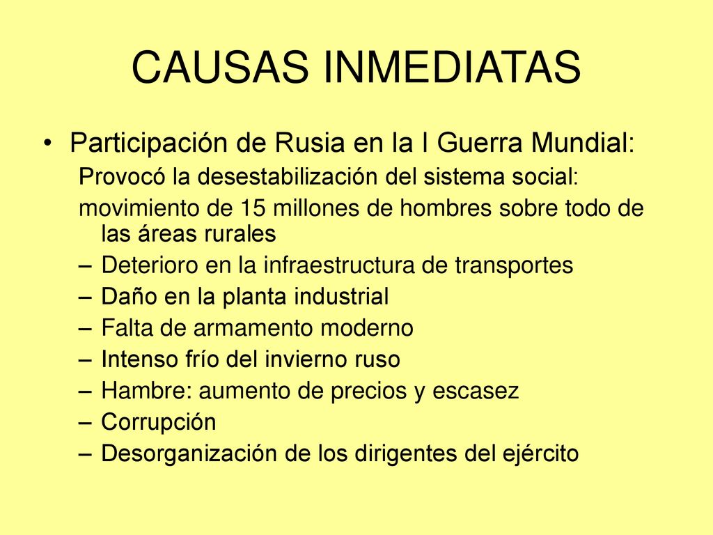 CAUSAS INMEDIATAS Participación de Rusia en la I Guerra Mundial: