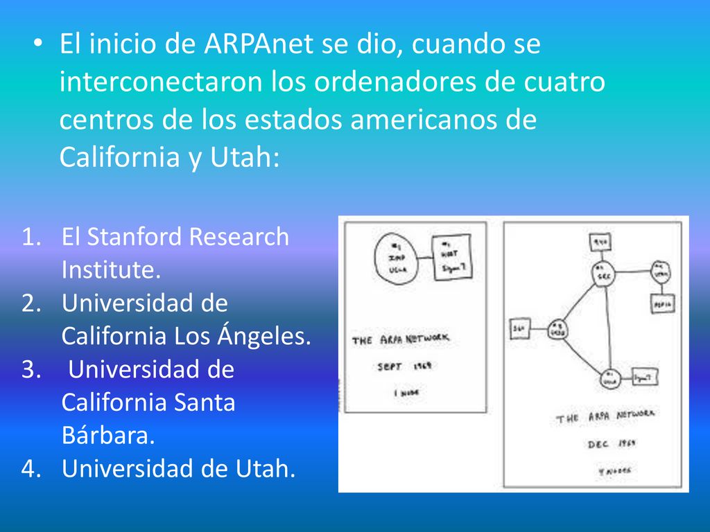 El inicio de ARPAnet se dio, cuando se interconectaron los ordenadores de cuatro centros de los estados americanos de California y Utah: