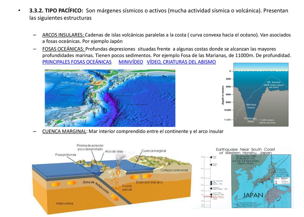 TIPO PACÍFICO: Son márgenes sísmicos o activos (mucha actividad sísmica o volcánica). Presentan las siguientes estructuras
