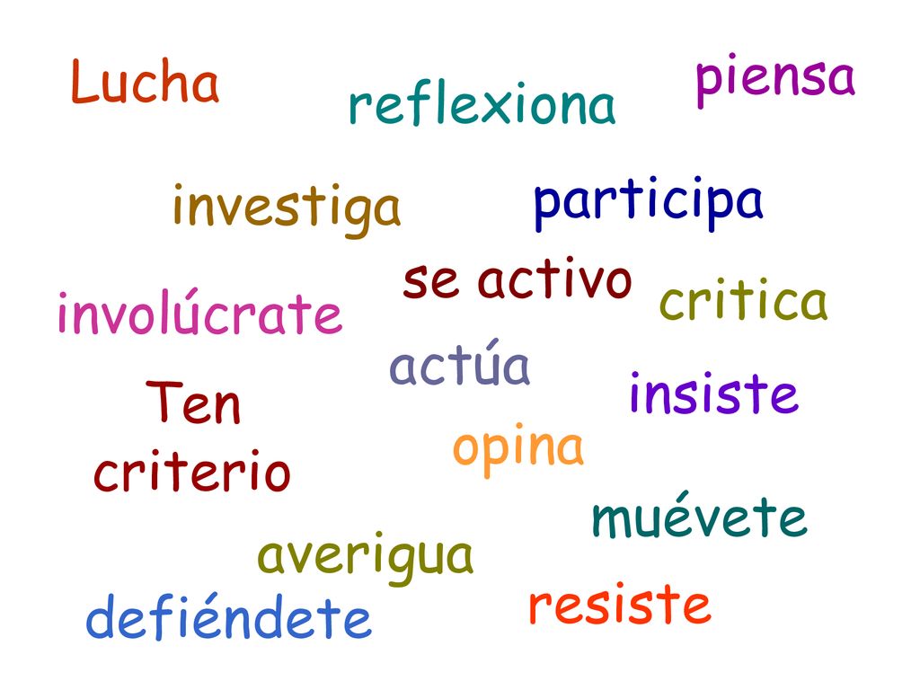 piensa Lucha. reflexiona. participa. investiga. se activo. critica. involúcrate. actúa. insiste.
