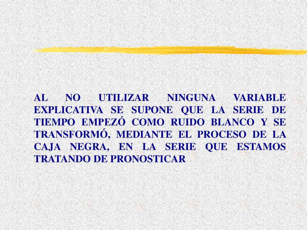 AL NO UTILIZAR NINGUNA VARIABLE EXPLICATIVA SE SUPONE QUE LA SERIE DE TIEMPO EMPEZÓ COMO RUIDO BLANCO Y SE TRANSFORMÓ, MEDIANTE EL PROCESO DE LA CAJA NEGRA, EN LA SERIE QUE ESTAMOS TRATANDO DE PRONOSTICAR