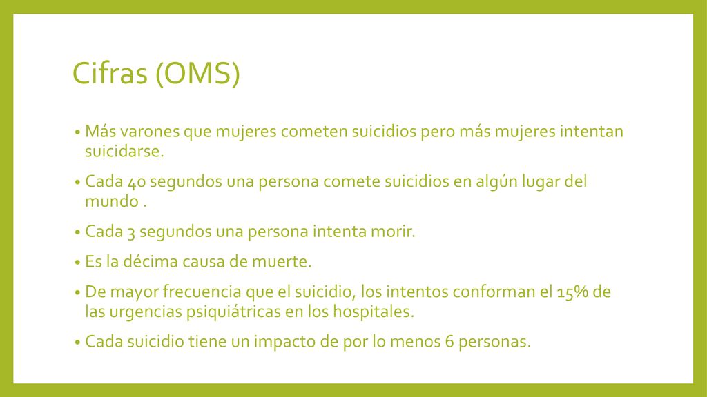 Cifras (OMS) Más varones que mujeres cometen suicidios pero más mujeres intentan suicidarse.