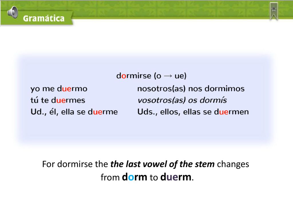 For dormirse the the last vowel of the stem changes