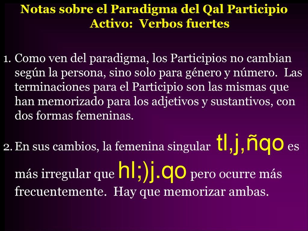 Notas sobre el Paradigma del Qal Participio Activo: Verbos fuertes