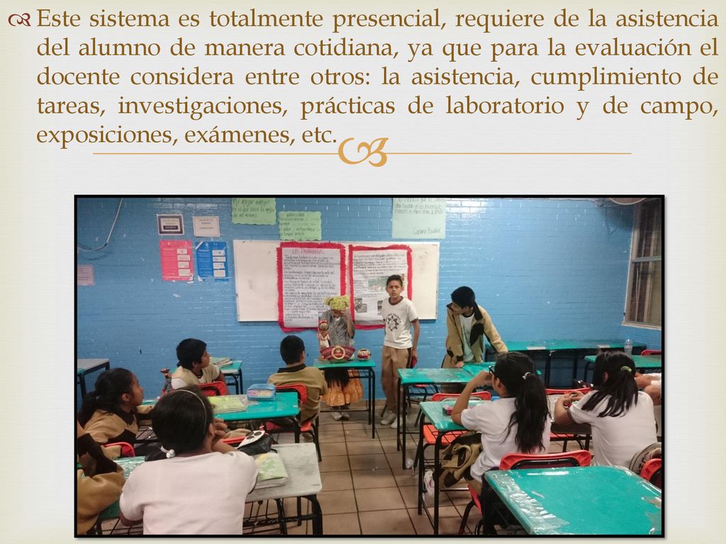 Este sistema es totalmente presencial, requiere de la asistencia del alumno de manera cotidiana, ya que para la evaluación el docente considera entre otros: la asistencia, cumplimiento de tareas, investigaciones, prácticas de laboratorio y de campo, exposiciones, exámenes, etc.