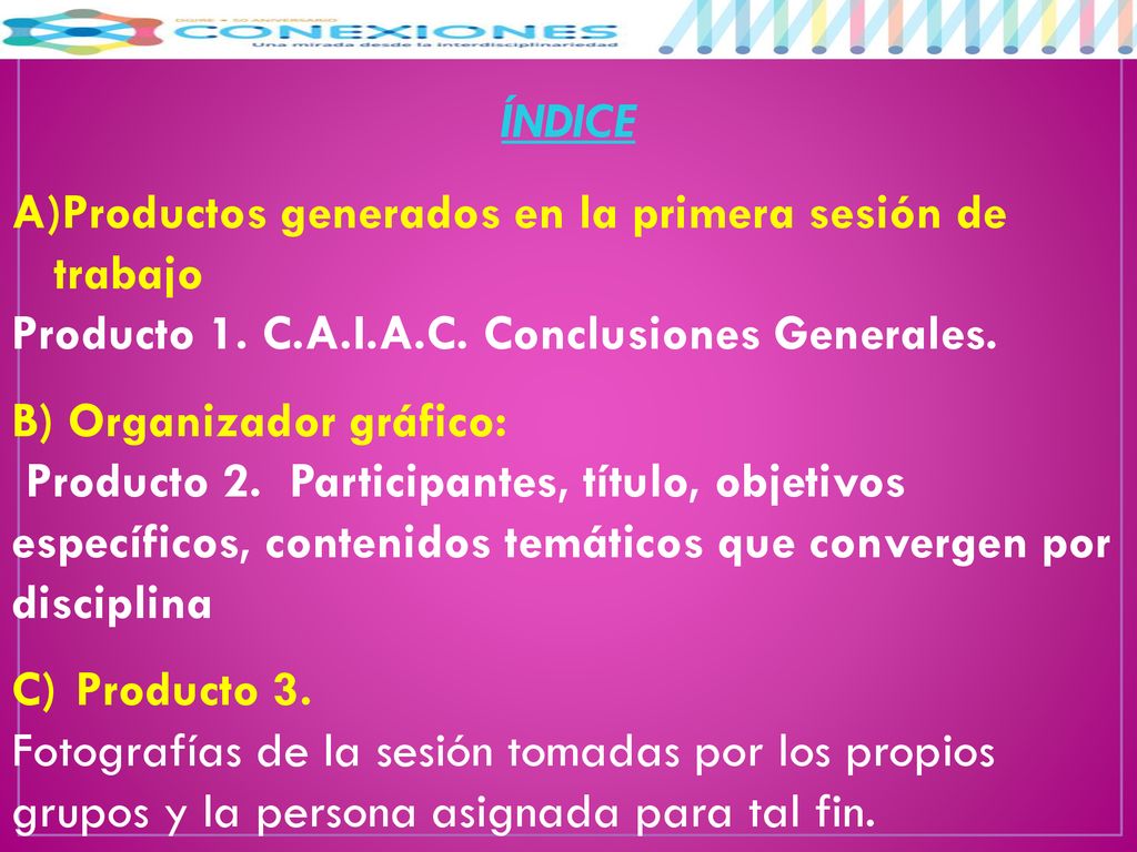 ÍNDICE Productos generados en la primera sesión de trabajo. Producto 1. C.A.I.A.C. Conclusiones Generales.