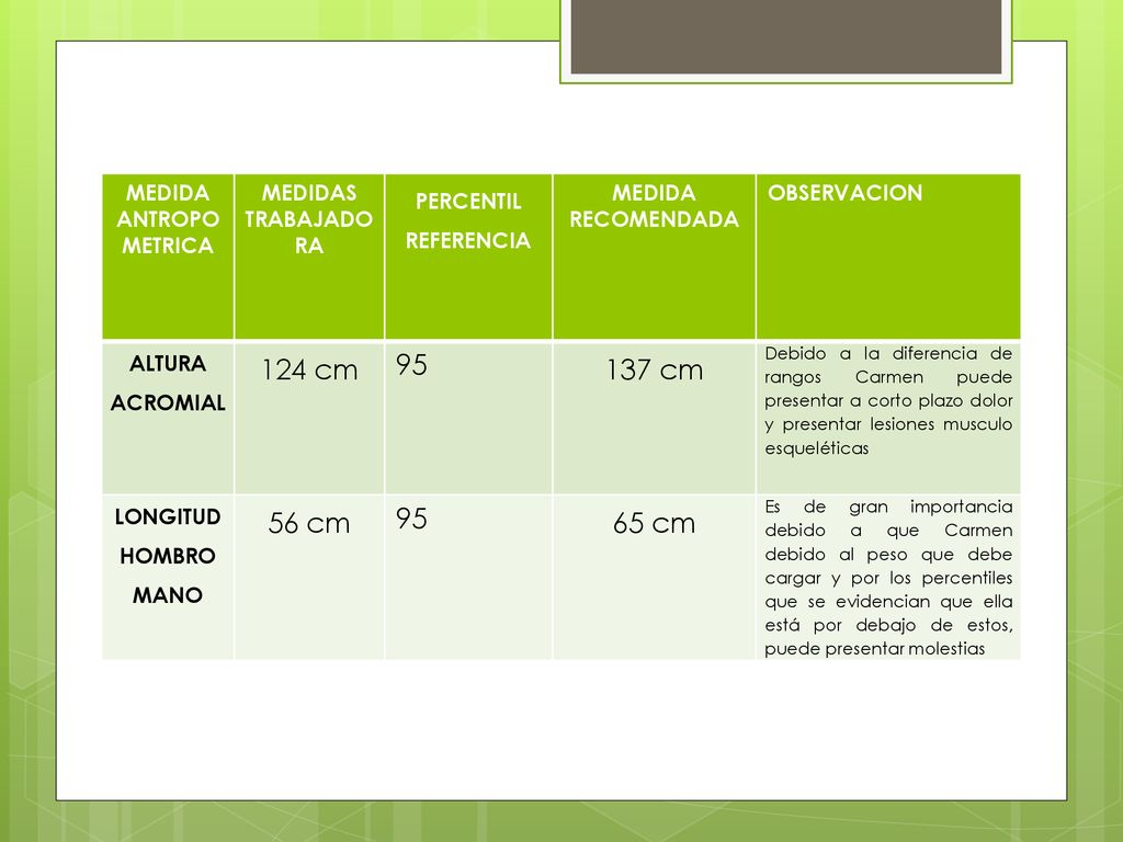 124 cm cm 56 cm 65 cm MEDIDA ANTROPOMETRICA MEDIDAS TRABAJADORA